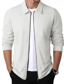 Discount OUKU Men's Waffle Jacket Transition Jacket Daily Lightweight Pocket Spring & Fall Plain Classic Lapel Regular Waffle Fabric Black White Royal Blue Khaki Light Grey Jacket