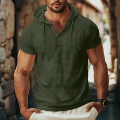 Clearance OUKU Men's Waffle Knit Tee Tee Top Short Sleeve Hooded Summer Solid Color Daily Casual Buttons Hooded Outdoor Street Causal White Gray Green Top Tee for Men