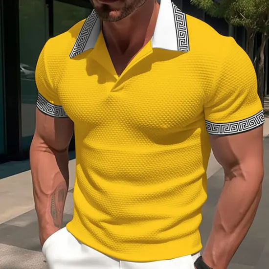 Sale OUKU Men's Waffle Polo Shirt Business Polo Work Casual Lapel Ribbed Polo Collar Short Sleeve Modern Old Money Style Color Block Patchwork Button Spring & Summer Regular Fit Light Yellow Dark red Black