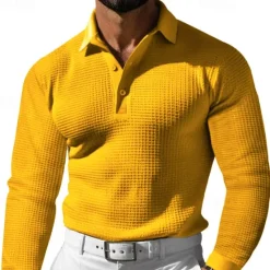 Sale OUKU Men's Waffle Polo Shirt Golf Shirt Work Casual Lapel Long Sleeve Basic Modern Solid Color Button Spring & Fall Regular Fit Black White Yellow Red Light Grey Light Blue Waffle Polo Shirt