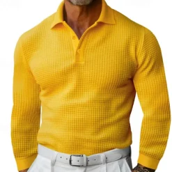 Sale OUKU Men's Waffle Polo Shirt Golf Shirt Work Casual Lapel Long Sleeve Basic Modern Solid Color Button Spring & Fall Regular Fit Black White Yellow Red Light Grey Light Blue Waffle Polo Shirt