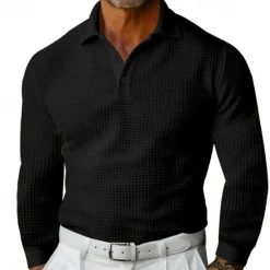 Sale OUKU Men's Waffle Polo Shirt Golf Shirt Work Casual Lapel Long Sleeve Basic Modern Solid Color Button Spring & Fall Regular Fit Black White Yellow Red Light Grey Light Blue Waffle Polo Shirt