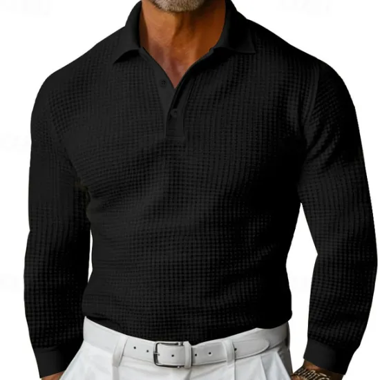 Sale OUKU Men's Waffle Polo Shirt Golf Shirt Work Casual Lapel Long Sleeve Basic Modern Solid Color Button Spring & Fall Regular Fit Black White Yellow Red Light Grey Light Blue Waffle Polo Shirt
