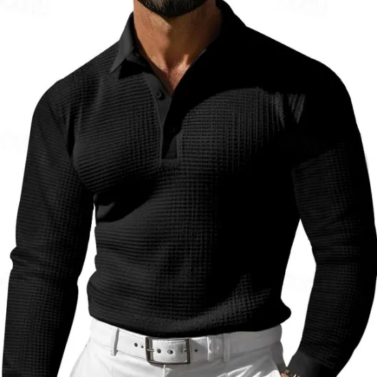 Sale OUKU Men's Waffle Polo Shirt Golf Shirt Work Casual Lapel Long Sleeve Basic Modern Solid Color Button Spring & Fall Regular Fit Black White Yellow Red Light Grey Light Blue Waffle Polo Shirt