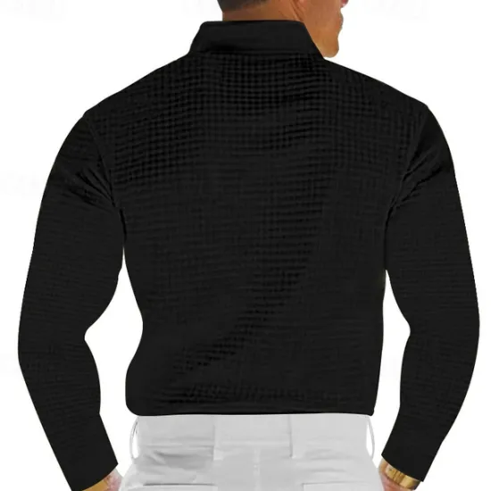 Sale OUKU Men's Waffle Polo Shirt Golf Shirt Work Casual Lapel Long Sleeve Basic Modern Solid Color Button Spring & Fall Regular Fit Black White Yellow Red Light Grey Light Blue Waffle Polo Shirt