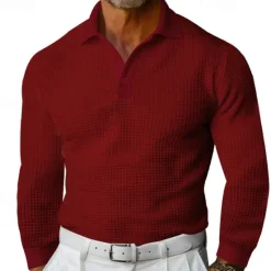 Sale OUKU Men's Waffle Polo Shirt Golf Shirt Work Casual Lapel Long Sleeve Basic Modern Solid Color Button Spring & Fall Regular Fit Black White Yellow Red Light Grey Light Blue Waffle Polo Shirt
