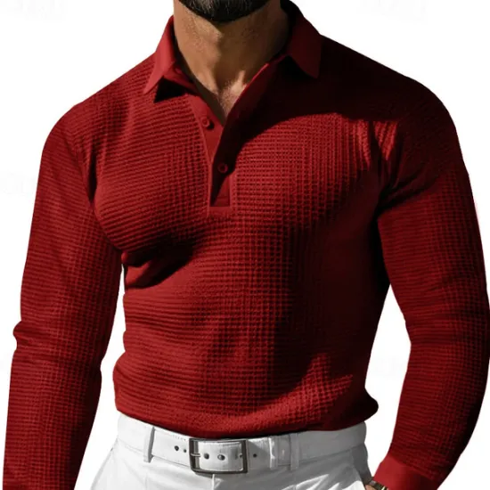 Sale OUKU Men's Waffle Polo Shirt Golf Shirt Work Casual Lapel Long Sleeve Basic Modern Solid Color Button Spring & Fall Regular Fit Black White Yellow Red Light Grey Light Blue Waffle Polo Shirt
