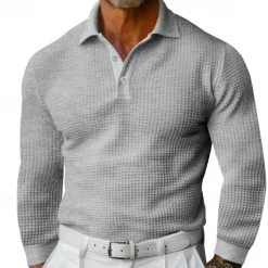 Sale OUKU Men's Waffle Polo Shirt Golf Shirt Work Casual Lapel Long Sleeve Basic Modern Solid Color Button Spring & Fall Regular Fit Black White Yellow Red Light Grey Light Blue Waffle Polo Shirt