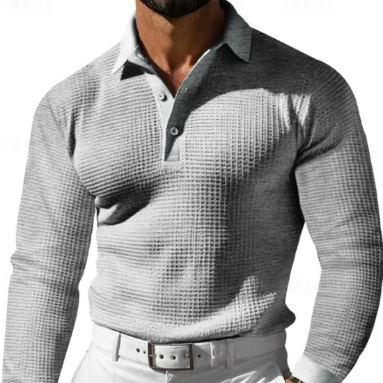 Sale OUKU Men's Waffle Polo Shirt Golf Shirt Work Casual Lapel Long Sleeve Basic Modern Solid Color Button Spring & Fall Regular Fit Black White Yellow Red Light Grey Light Blue Waffle Polo Shirt
