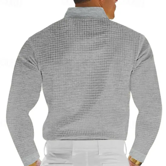 Sale OUKU Men's Waffle Polo Shirt Golf Shirt Work Casual Lapel Long Sleeve Basic Modern Solid Color Button Spring & Fall Regular Fit Black White Yellow Red Light Grey Light Blue Waffle Polo Shirt