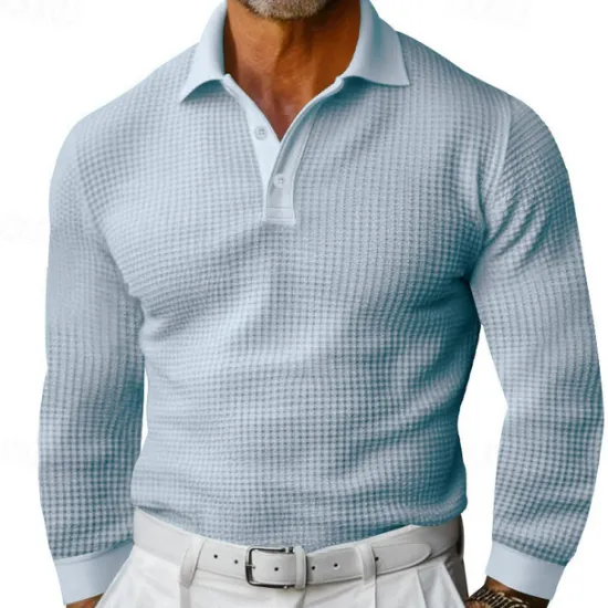 Sale OUKU Men's Waffle Polo Shirt Golf Shirt Work Casual Lapel Long Sleeve Basic Modern Solid Color Button Spring & Fall Regular Fit Black White Yellow Red Light Grey Light Blue Waffle Polo Shirt