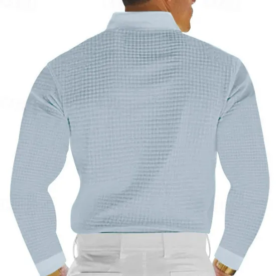 Sale OUKU Men's Waffle Polo Shirt Golf Shirt Work Casual Lapel Long Sleeve Basic Modern Solid Color Button Spring & Fall Regular Fit Black White Yellow Red Light Grey Light Blue Waffle Polo Shirt