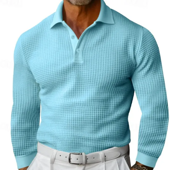 Sale OUKU Men's Waffle Polo Shirt Golf Shirt Work Casual Lapel Long Sleeve Basic Modern Solid Color Button Spring & Fall Regular Fit Black White Yellow Red Light Grey Light Blue Waffle Polo Shirt