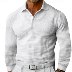 Sale OUKU Men's Waffle Polo Shirt Golf Shirt Work Casual Lapel Long Sleeve Basic Modern Solid Color Button Spring & Fall Regular Fit Black White Yellow Red Light Grey Light Blue Waffle Polo Shirt