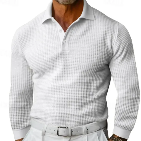 Sale OUKU Men's Waffle Polo Shirt Golf Shirt Work Casual Lapel Long Sleeve Basic Modern Solid Color Button Spring & Fall Regular Fit Black White Yellow Red Light Grey Light Blue Waffle Polo Shirt