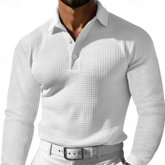Sale OUKU Men's Waffle Polo Shirt Golf Shirt Work Casual Lapel Long Sleeve Basic Modern Solid Color Button Spring & Fall Regular Fit Black White Yellow Red Light Grey Light Blue Waffle Polo Shirt