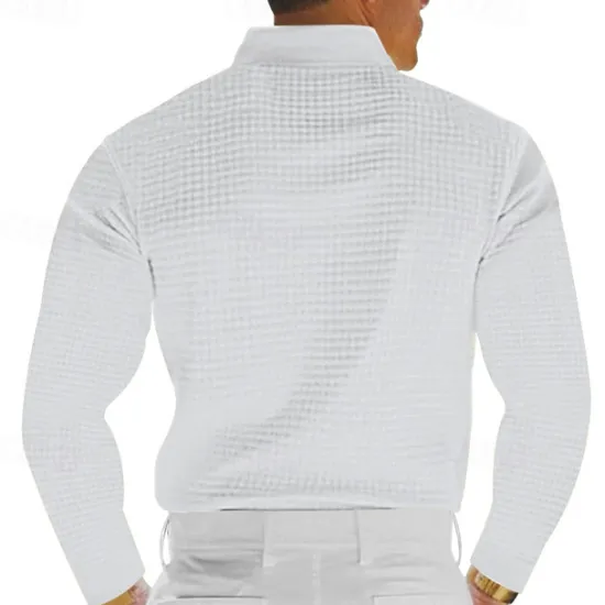 Sale OUKU Men's Waffle Polo Shirt Golf Shirt Work Casual Lapel Long Sleeve Basic Modern Solid Color Button Spring & Fall Regular Fit Black White Yellow Red Light Grey Light Blue Waffle Polo Shirt