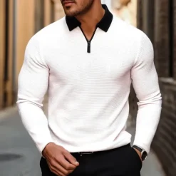 Hot OUKU Men's Waffle Polo Shirt Golf Shirt Outdoor Causal Quarter Zip Long Sleeve Fashion Modern Solid Color Knitted Spring & Fall Standard Fit White Yellow Pink Light Grey Waffle Polo Shirt