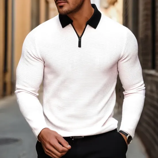 Hot OUKU Men's Waffle Polo Shirt Golf Shirt Outdoor Causal Quarter Zip Long Sleeve Fashion Modern Solid Color Knitted Spring & Fall Standard Fit White Yellow Pink Light Grey Waffle Polo Shirt
