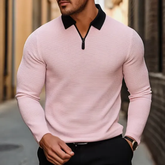Hot OUKU Men's Waffle Polo Shirt Golf Shirt Outdoor Causal Quarter Zip Long Sleeve Fashion Modern Solid Color Knitted Spring & Fall Standard Fit White Yellow Pink Light Grey Waffle Polo Shirt
