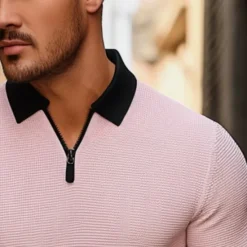 Hot OUKU Men's Waffle Polo Shirt Golf Shirt Outdoor Causal Quarter Zip Long Sleeve Fashion Modern Solid Color Knitted Spring & Fall Standard Fit White Yellow Pink Light Grey Waffle Polo Shirt