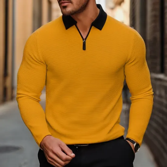 Hot OUKU Men's Waffle Polo Shirt Golf Shirt Outdoor Causal Quarter Zip Long Sleeve Fashion Modern Solid Color Knitted Spring & Fall Standard Fit White Yellow Pink Light Grey Waffle Polo Shirt
