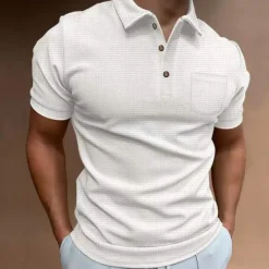 OUKU Men's Waffle Polo Shirt Golf Shirt Casual Daily Polo Collar Classic Short Sleeve Fashion Modern Solid Colored Pocket Button Front Spring & Summer Regular Fit Black White Blue Khaki Gray Waffle Polo