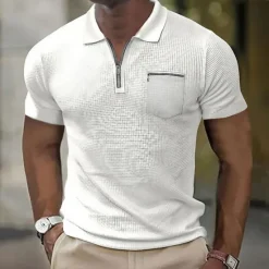 Discount OUKU Men's Waffle Polo Shirt Golf Shirt Casual Holiday Lapel Quarter Zip Short Sleeve Fashion Basic Plain Quarter Zip Summer Regular Fit Black White Blue Beige Gray Waffle Polo Shirt