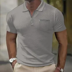 Discount OUKU Men's Waffle Polo Shirt Golf Shirt Casual Holiday Lapel Quarter Zip Short Sleeve Fashion Basic Plain Quarter Zip Summer Regular Fit Black White Blue Beige Gray Waffle Polo Shirt