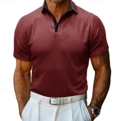 OUKU Men's Waffle Polo Shirt Golf Shirt Casual Holiday Lapel Ribbed Polo Collar Short Sleeve Fashion Basic Plain Button Soft Summer Spring Regular Fit Army Green Black White Burgundy Navy Blue Khaki