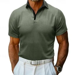OUKU Men's Waffle Polo Shirt Golf Shirt Casual Holiday Lapel Ribbed Polo Collar Short Sleeve Fashion Basic Plain Button Soft Summer Spring Regular Fit Army Green Black White Burgundy Navy Blue Khaki