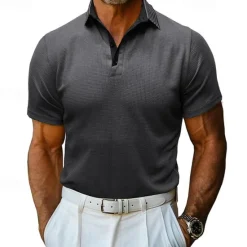 OUKU Men's Waffle Polo Shirt Golf Shirt Casual Holiday Lapel Ribbed Polo Collar Short Sleeve Fashion Basic Plain Button Soft Summer Spring Regular Fit Army Green Black White Burgundy Navy Blue Khaki