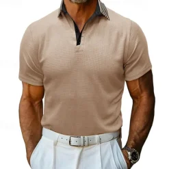 OUKU Men's Waffle Polo Shirt Golf Shirt Casual Holiday Lapel Ribbed Polo Collar Short Sleeve Fashion Basic Plain Button Soft Summer Spring Regular Fit Army Green Black White Burgundy Navy Blue Khaki