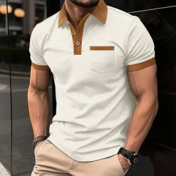 Hot OUKU Men's Waffle Polo Shirt Golf Shirt Work Casual Lapel Short Sleeve Basic Modern Color Block Patchwork Button Spring & Summer Regular Fit Black White Blue Khaki Gray Waffle Polo Shirt