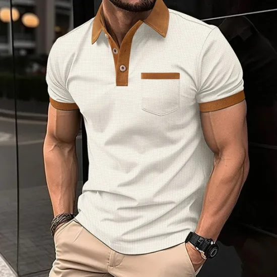 Hot OUKU Men's Waffle Polo Shirt Golf Shirt Work Casual Lapel Short Sleeve Basic Modern Color Block Patchwork Button Spring & Summer Regular Fit Black White Blue Khaki Gray Waffle Polo Shirt