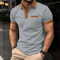 Hot OUKU Men's Waffle Polo Shirt Golf Shirt Work Casual Lapel Short Sleeve Basic Modern Color Block Patchwork Button Spring & Summer Regular Fit Black White Blue Khaki Gray Waffle Polo Shirt