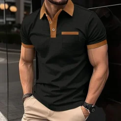 Hot OUKU Men's Waffle Polo Shirt Golf Shirt Work Casual Lapel Short Sleeve Basic Modern Color Block Patchwork Button Spring & Summer Regular Fit Black White Blue Khaki Gray Waffle Polo Shirt