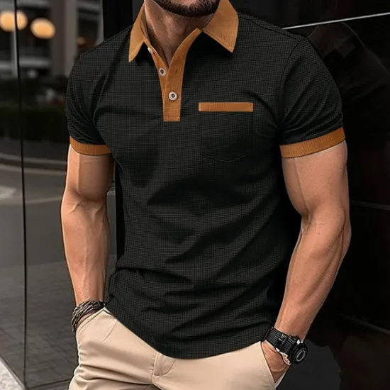 Hot OUKU Men's Waffle Polo Shirt Golf Shirt Work Casual Lapel Short Sleeve Basic Modern Color Block Patchwork Button Spring & Summer Regular Fit Black White Blue Khaki Gray Waffle Polo Shirt
