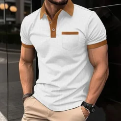 Hot OUKU Men's Waffle Polo Shirt Golf Shirt Work Casual Lapel Short Sleeve Basic Modern Color Block Patchwork Button Spring & Summer Regular Fit Black White Blue Khaki Gray Waffle Polo Shirt