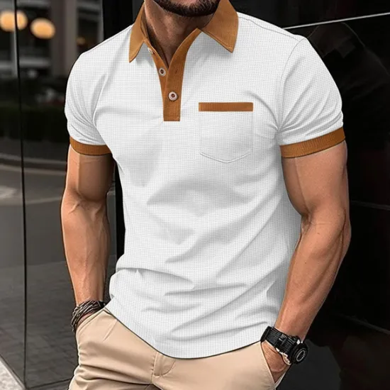 Hot OUKU Men's Waffle Polo Shirt Golf Shirt Work Casual Lapel Short Sleeve Basic Modern Color Block Patchwork Button Spring & Summer Regular Fit Black White Blue Khaki Gray Waffle Polo Shirt