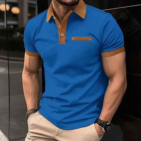 Hot OUKU Men's Waffle Polo Shirt Golf Shirt Work Casual Lapel Short Sleeve Basic Modern Color Block Patchwork Button Spring & Summer Regular Fit Black White Blue Khaki Gray Waffle Polo Shirt