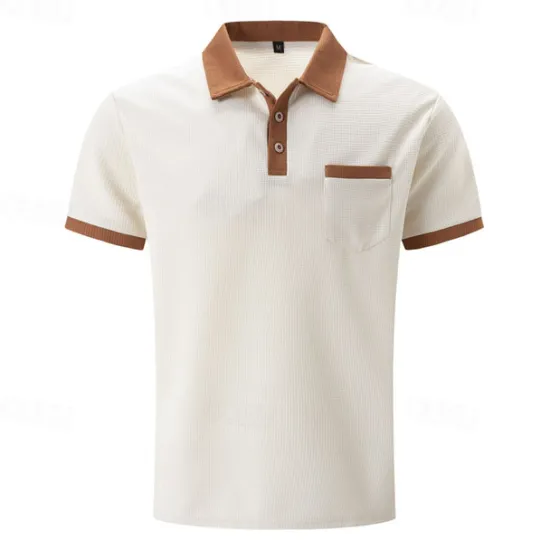 Hot OUKU Men's Waffle Polo Shirt Golf Shirt Work Casual Lapel Short Sleeve Basic Modern Color Block Patchwork Button Spring & Summer Regular Fit Black White Blue Khaki Gray Waffle Polo Shirt
