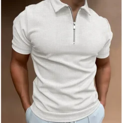 Discount OUKU Men's Waffle Polo Shirt Golf Shirt Casual Quarter Zip Short Sleeve Sports Designer Solid Color Patchwork Zipper Summer Regular Fit Black Royal Blue Khaki Light Grey Dark Gray Waffle Polo Shirt