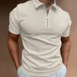 Discount OUKU Men's Waffle Polo Shirt Golf Shirt Casual Quarter Zip Short Sleeve Sports Designer Solid Color Patchwork Zipper Summer Regular Fit Black Royal Blue Khaki Light Grey Dark Gray Waffle Polo Shirt