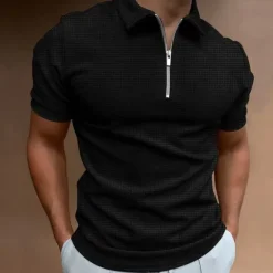 Discount OUKU Men's Waffle Polo Shirt Golf Shirt Casual Quarter Zip Short Sleeve Sports Designer Solid Color Patchwork Zipper Summer Regular Fit Black Royal Blue Khaki Light Grey Dark Gray Waffle Polo Shirt
