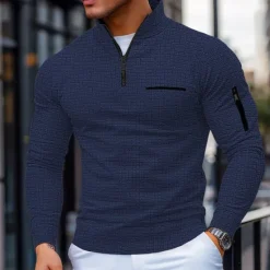 New OUKU Men's Waffle Polo Shirt Pullover Sports & Outdoor Daily Wear Quarter Zip Long Sleeve Fashion Comfortable Color Block Pocket Zip Up Spring & Fall Cross-Seasons Regular Fit Black White Navy Blue