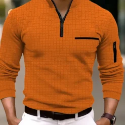 Best OUKU Men's Waffle Polo Shirt Pullover Sports & Outdoor Daily Wear Quarter Zip Long Sleeve Fashion Comfortable Color Block Pocket Zip Up Spring & Fall Regular Fit Black White Blue Orange Waffle Polo Shirt