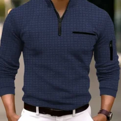 Clearance OUKU Men's Waffle Polo Shirt Quarter Zip Polo Daily Holiday Quarter Zip Long Sleeve Fashion Modern Plain Pocket Spring & Fall Regular Fit Black White Navy Blue Orange Light Grey Dark Gray Waffle Polo