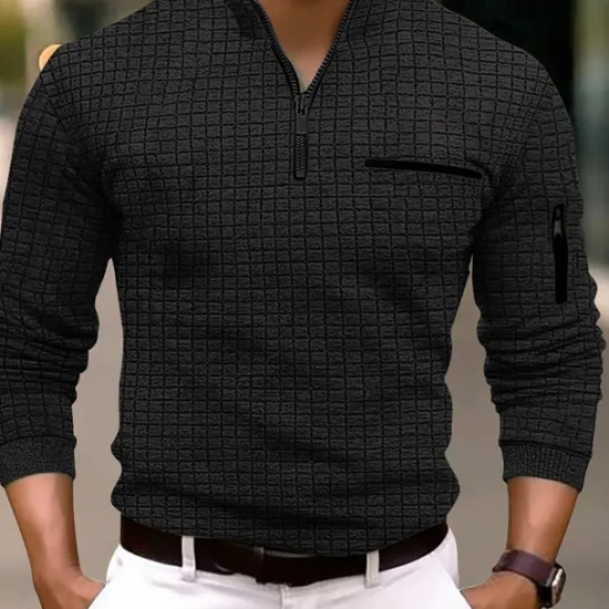 Clearance OUKU Men's Waffle Polo Shirt Quarter Zip Polo Daily Holiday Quarter Zip Long Sleeve Fashion Modern Plain Pocket Spring & Fall Regular Fit Black White Navy Blue Orange Light Grey Dark Gray Waffle Polo