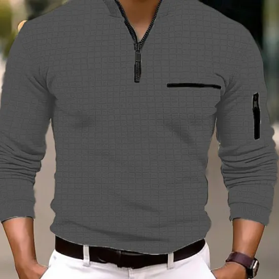 Clearance OUKU Men's Waffle Polo Shirt Quarter Zip Polo Daily Holiday Quarter Zip Long Sleeve Fashion Modern Plain Pocket Spring & Fall Regular Fit Black White Navy Blue Orange Light Grey Dark Gray Waffle Polo